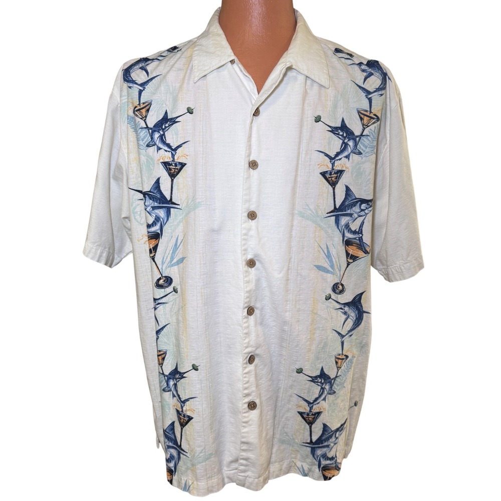 Reel Legends XL Marlin Martini Graphic Button‎ Down Fishing Shirt Chalk White